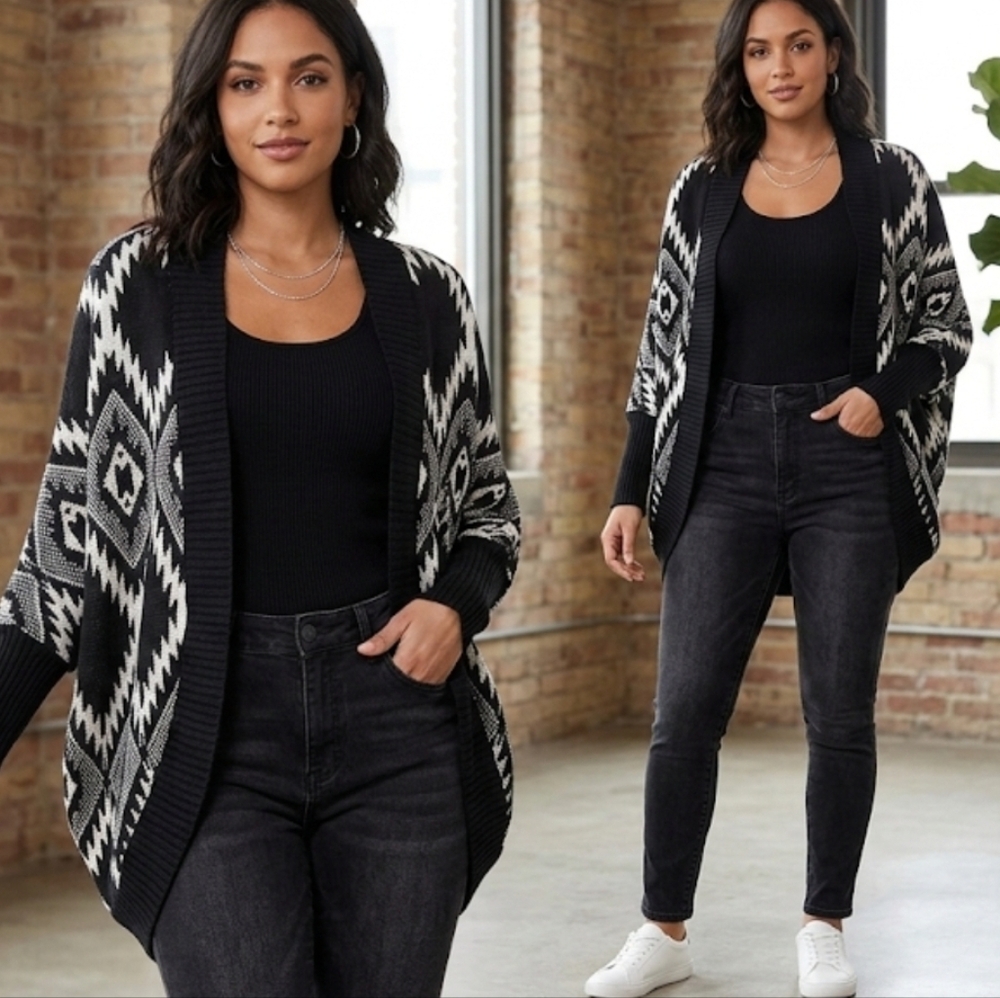 Aztec Inapired Pattern Geometric Tribal Pattern Cacoon Cardigan - size L - Picture 2 of 11